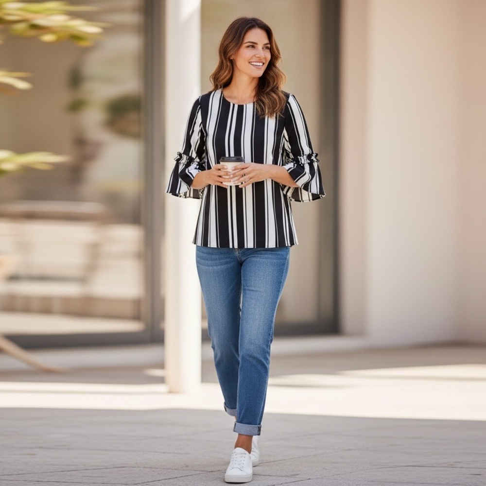 W5 Anthropology Black and White Striped Ruffle Sleeve Blouse Boho Women Size L